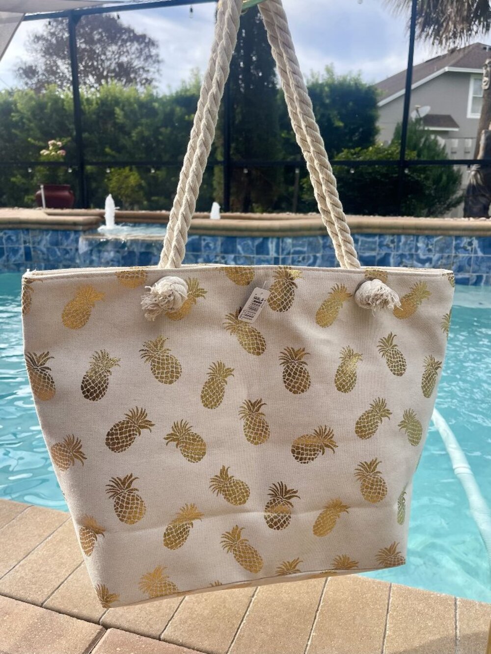 Kendall & James Pineapple Beach Tote NWT Gold Foil Canvas Bag